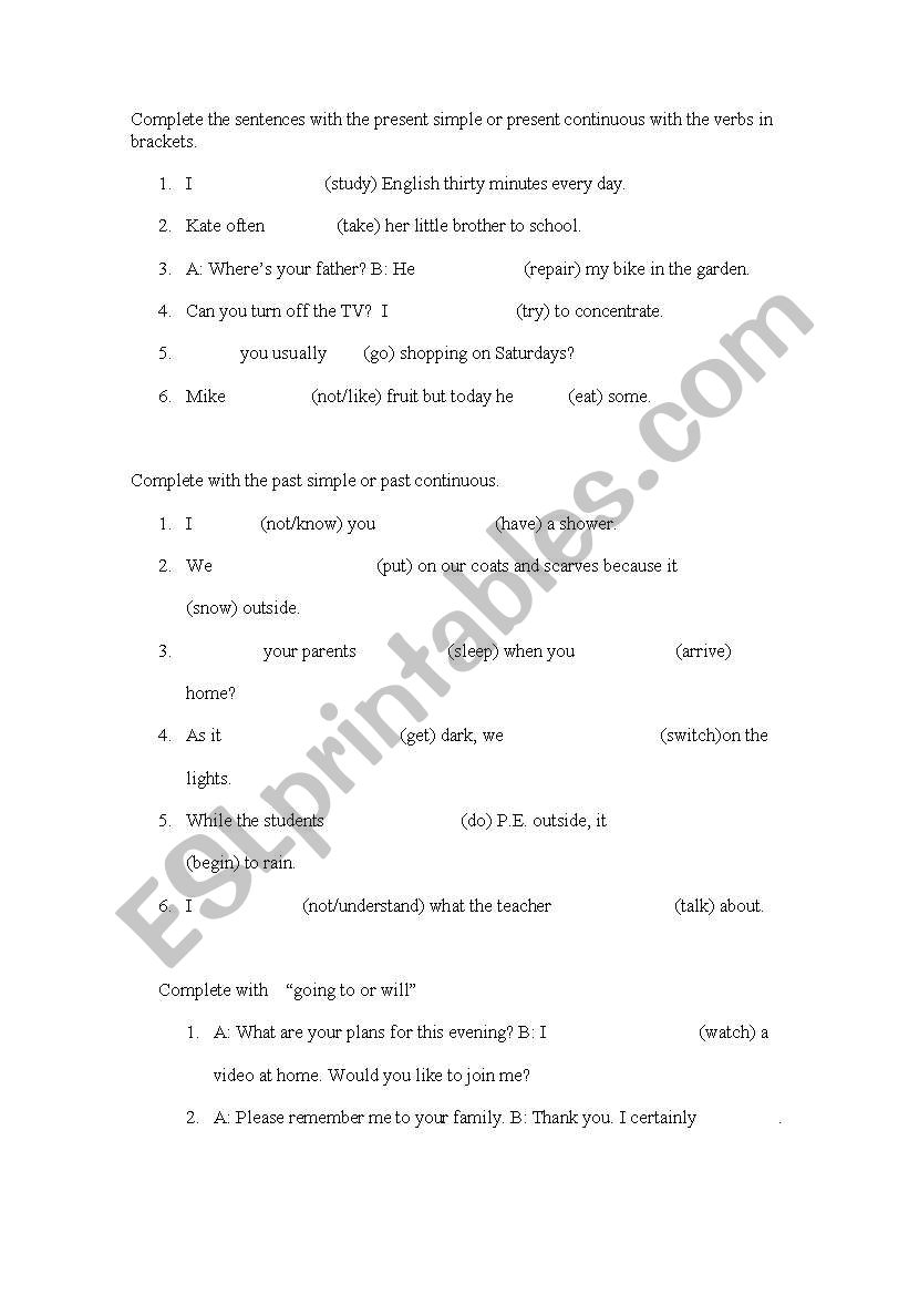 Present and past simple and continuous tenses gap-fill