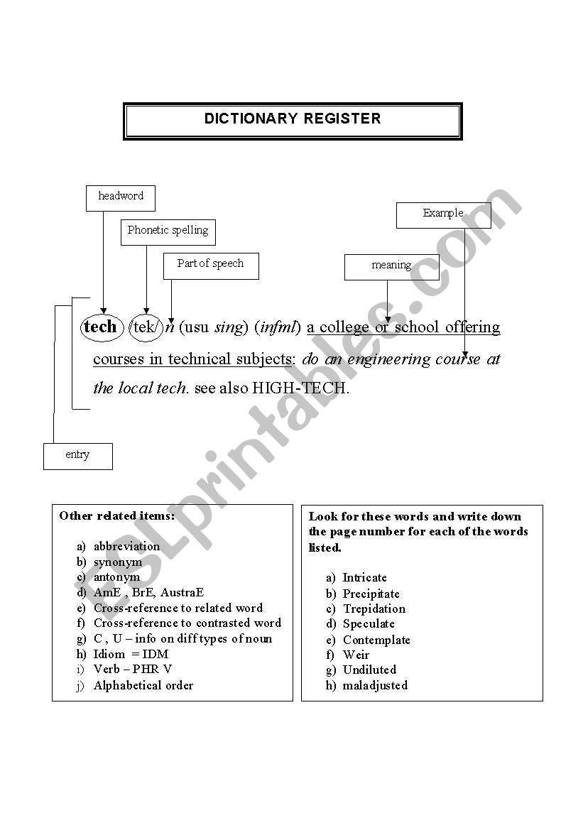 Dictionary entry worksheet