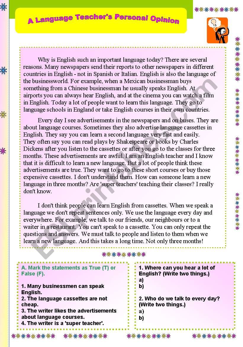 English worksheets: A LANGUAGE TEACHER´S PERSONAL OPINION - READING ...