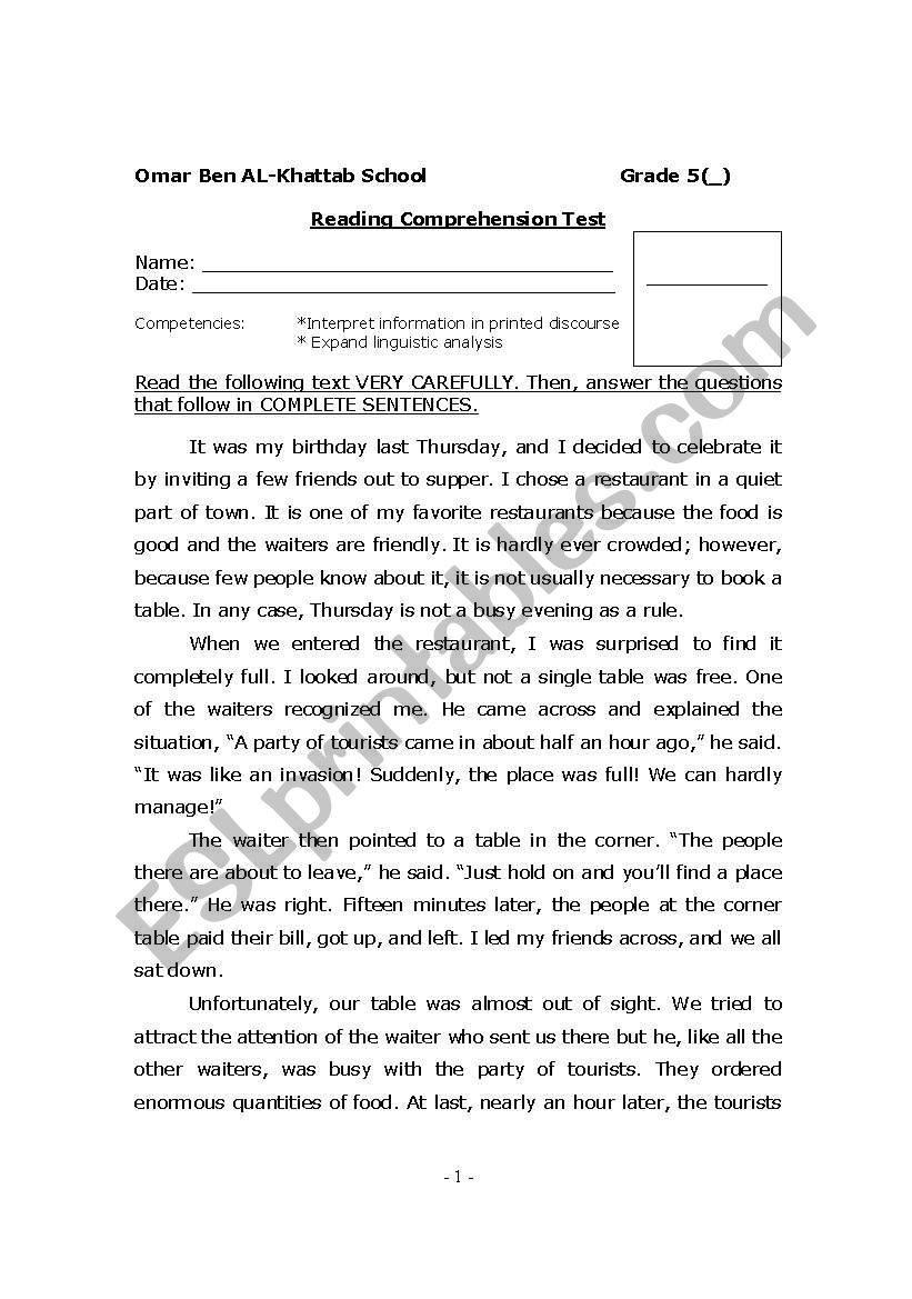 Grade 5 vocab & rc test worksheet