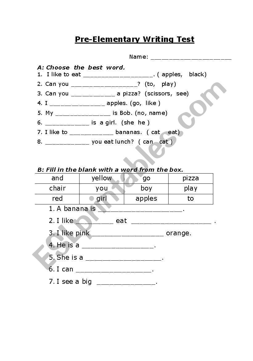 Pre-elementary test worksheet