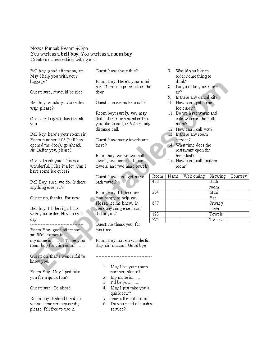 Bell Boy worksheet