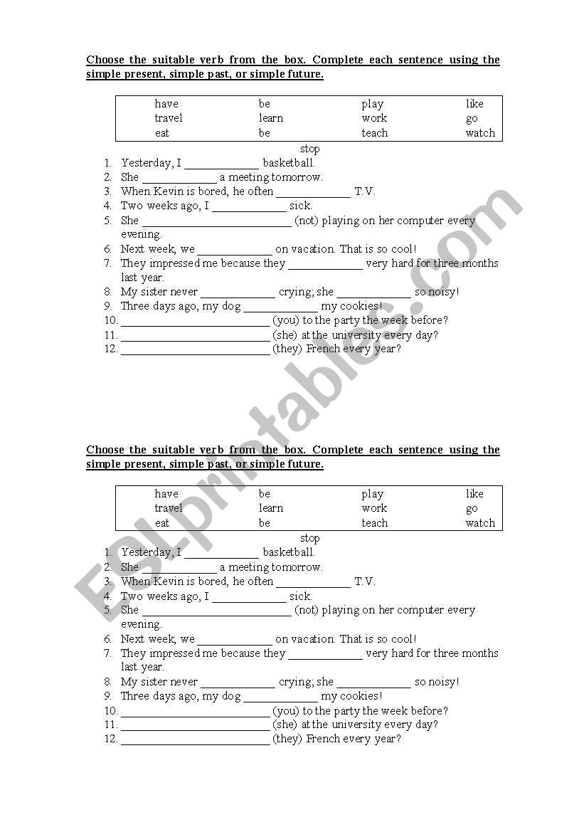 Tenses Exercise worksheet