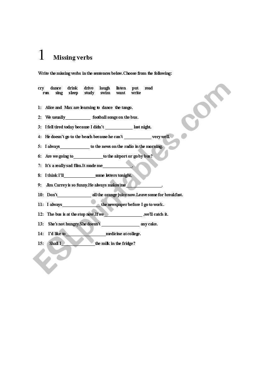 missing verbs worksheet