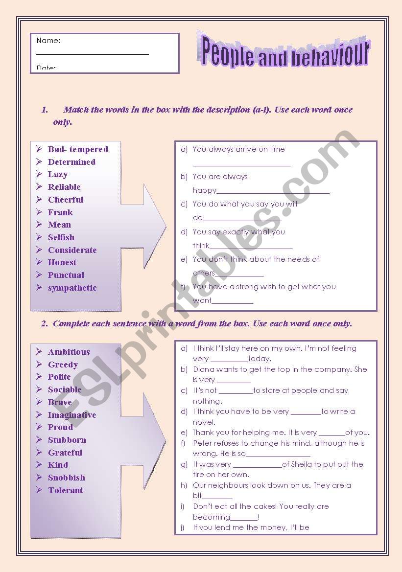 People and behaviour worksheet