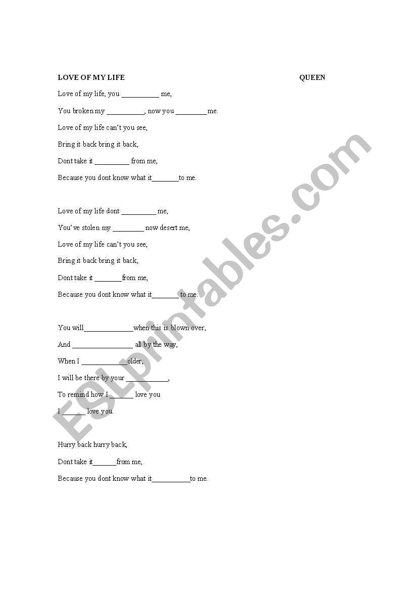 Love of my life exercise worksheet