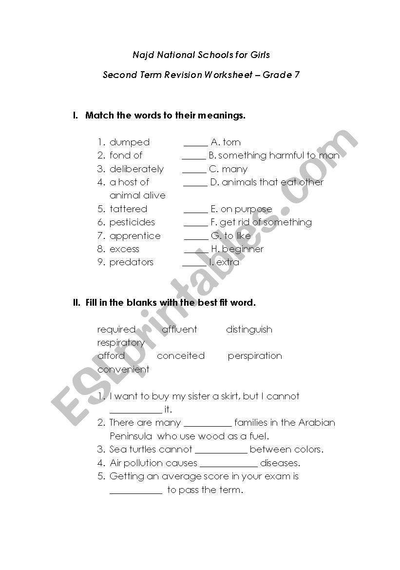 esl important words  worksheet