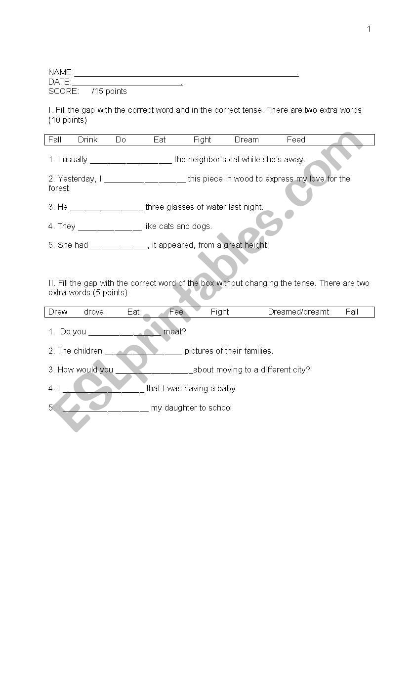 Irregular Verbs Quiz 3 worksheet