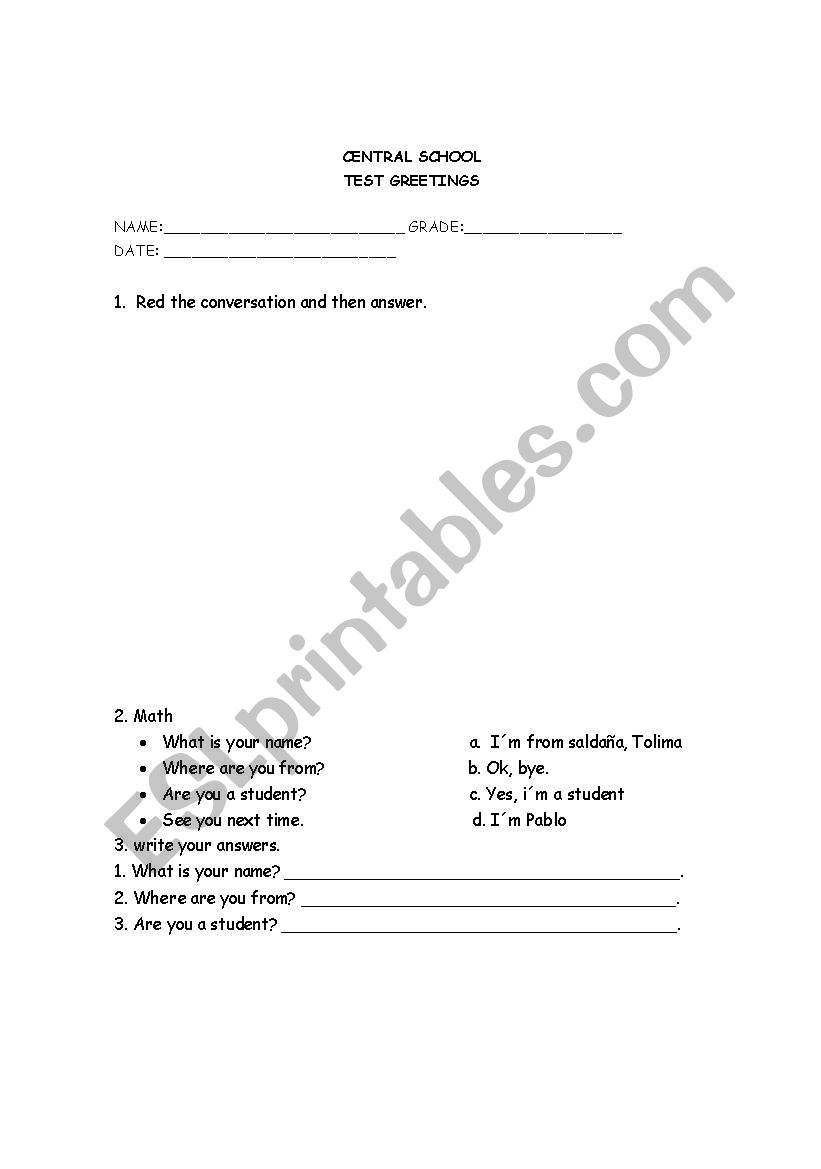 greeting test worksheet