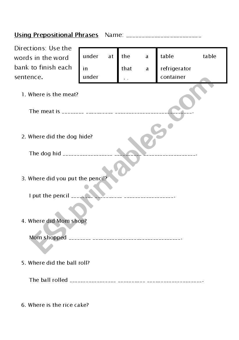 Using Prepostional Phrases worksheet
