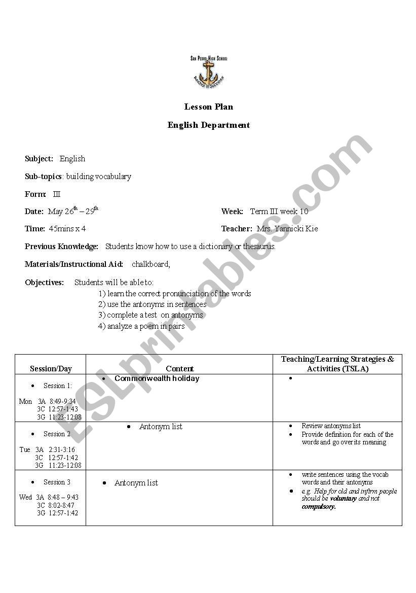 vocab lesson plan worksheet