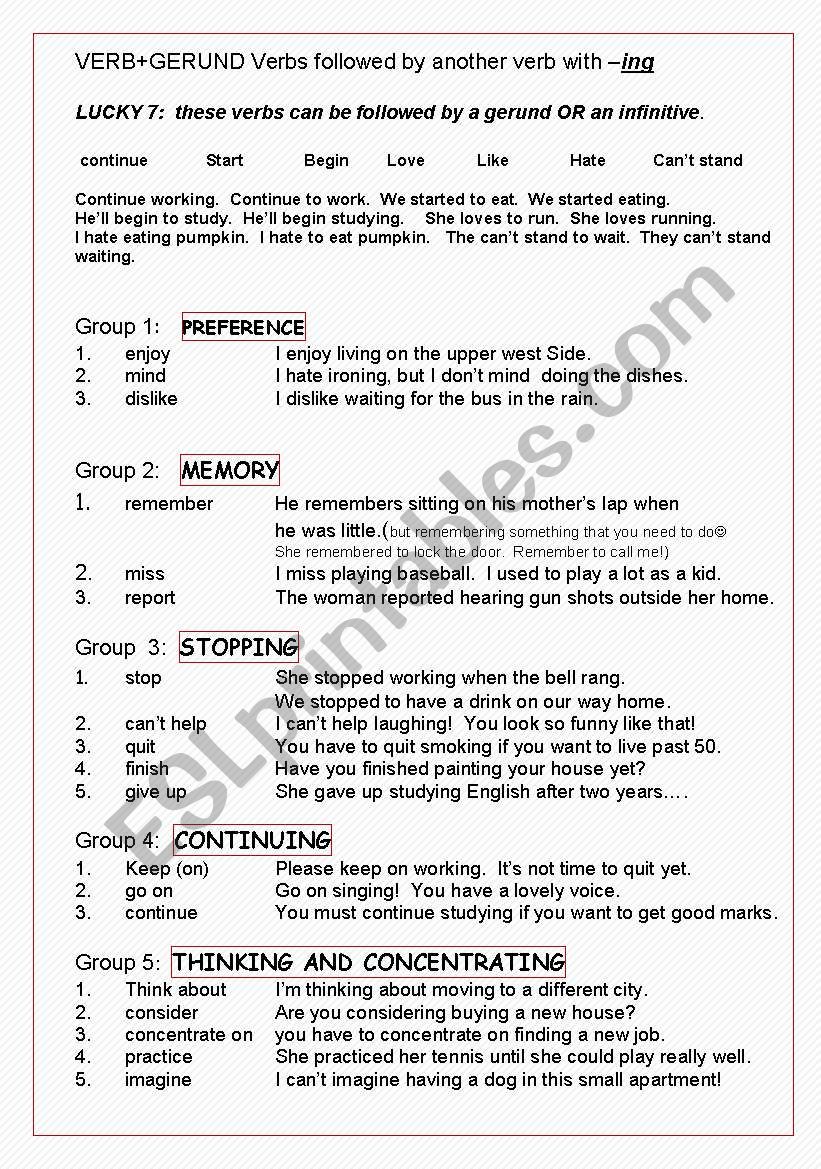 GERUNDS + VERBS worksheet