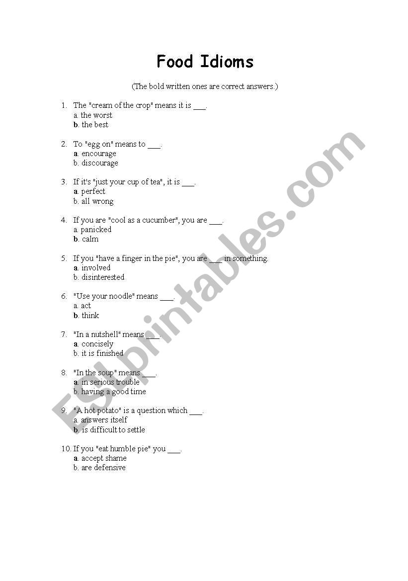 food esl advanced idioms food idioms worksheets: English