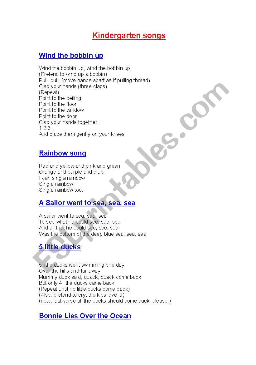 Kindergarden / Primary songs worksheet