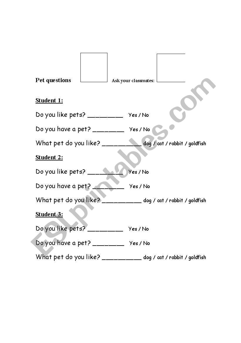 English worksheets: Pet questions for young students