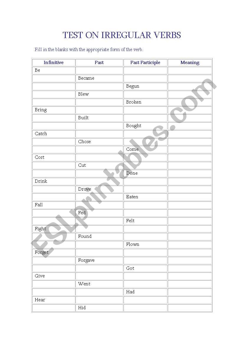 Test on Irregular Verbs worksheet