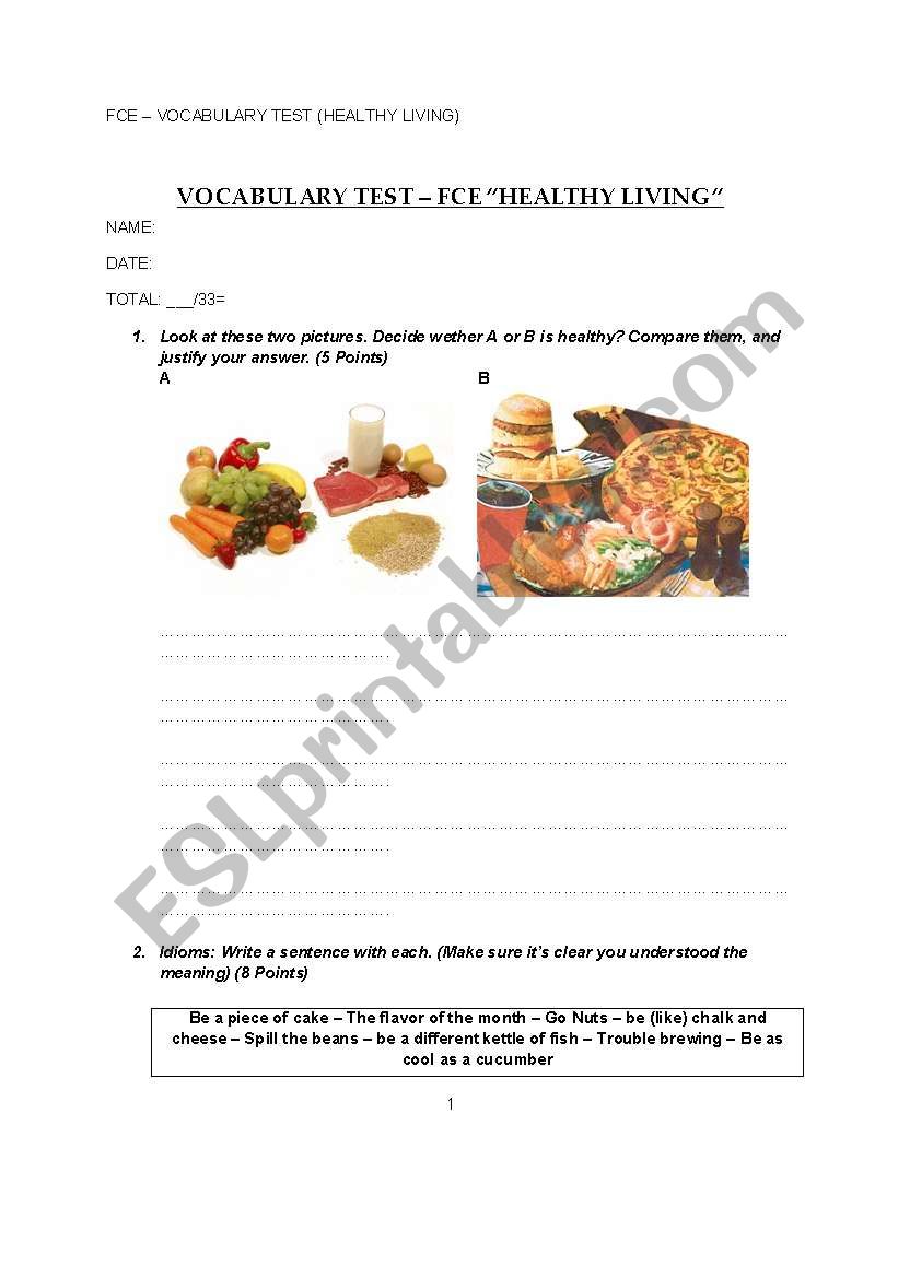 Healthy Living - Vocabulary Test