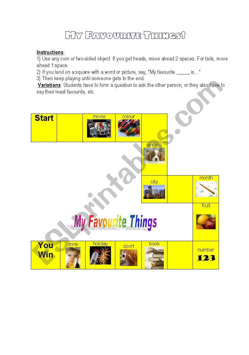 Favourite Things Game worksheet