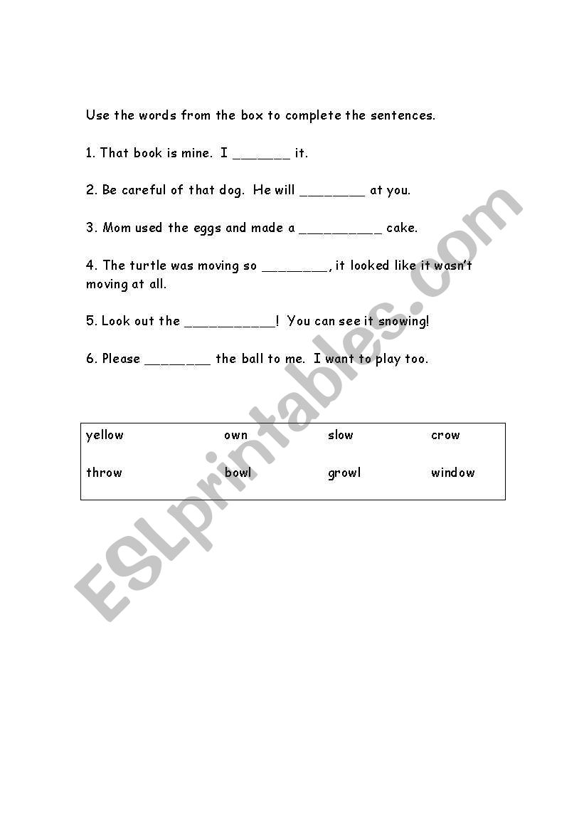 OW words in sentences worksheet