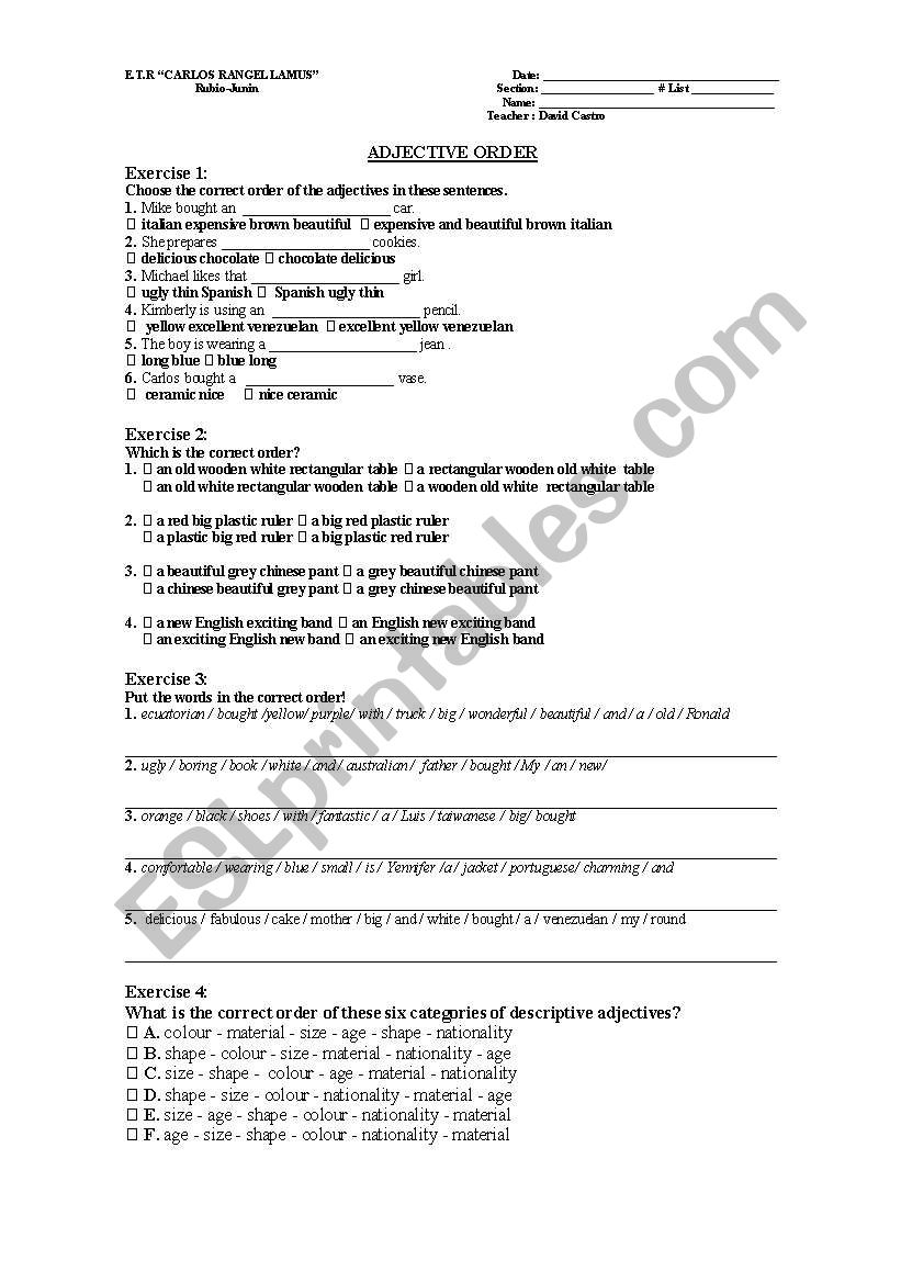 Adjective order Test worksheet