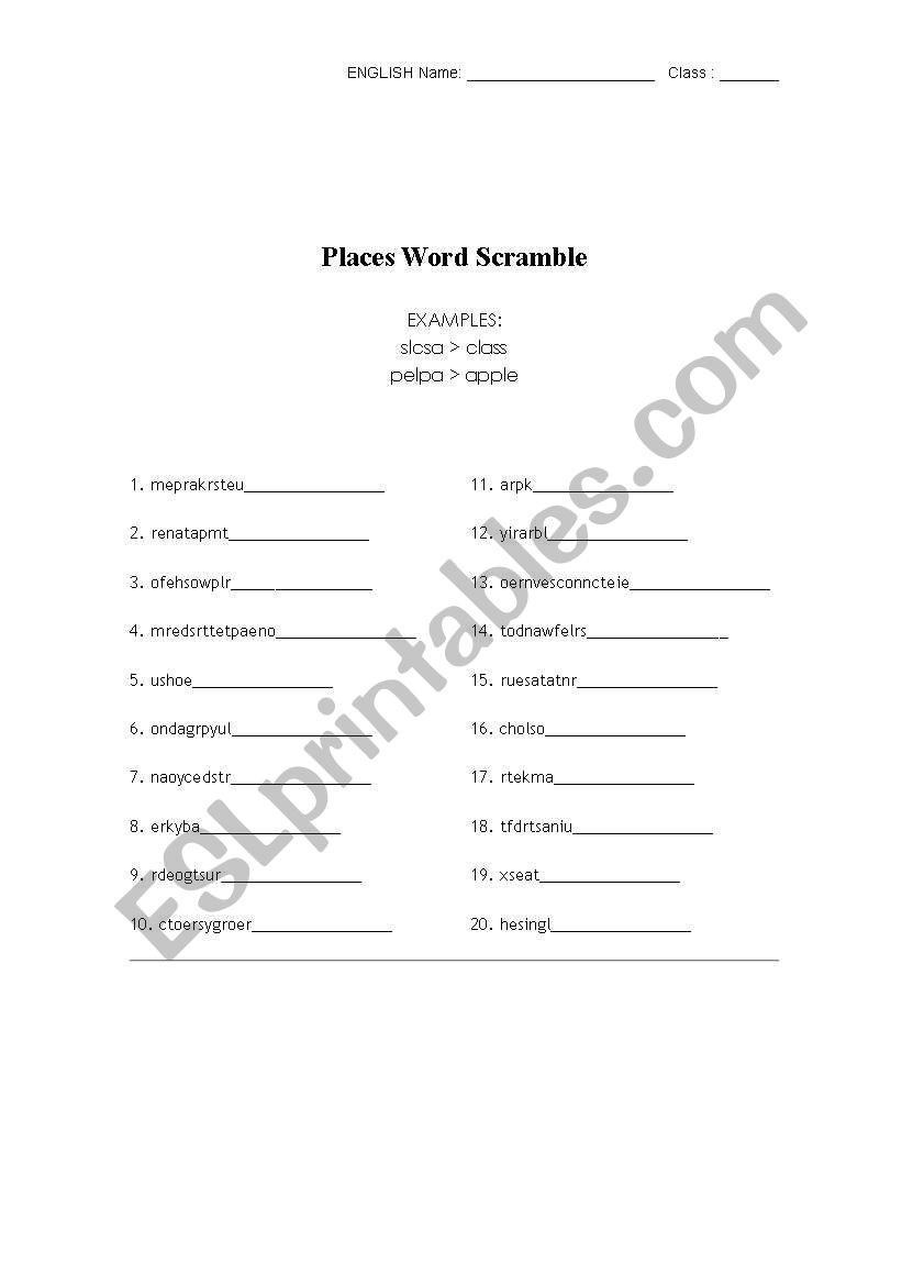 Places around town: Word scramble