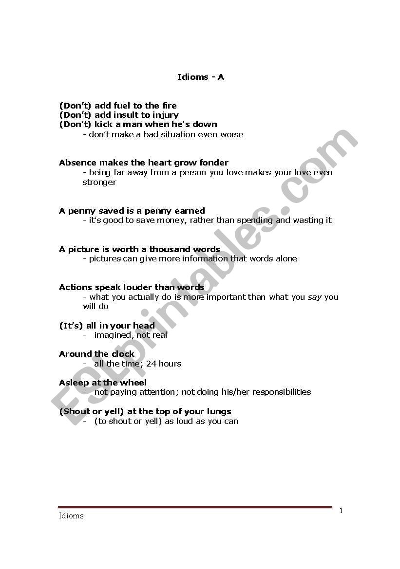 idioms with A worksheet