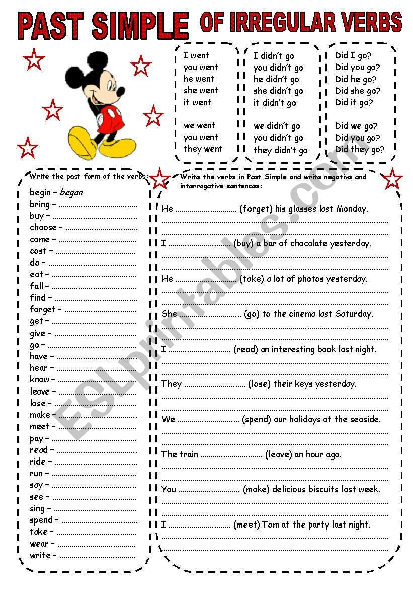 PAST SIMPLE OF IRREGULAR VERBS 1 2 PAGES ESL Worksheet By Kamilam