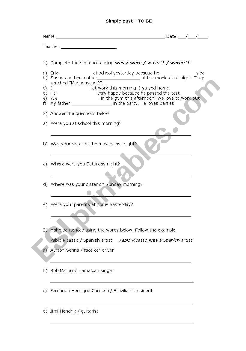 simple past - to be worksheet