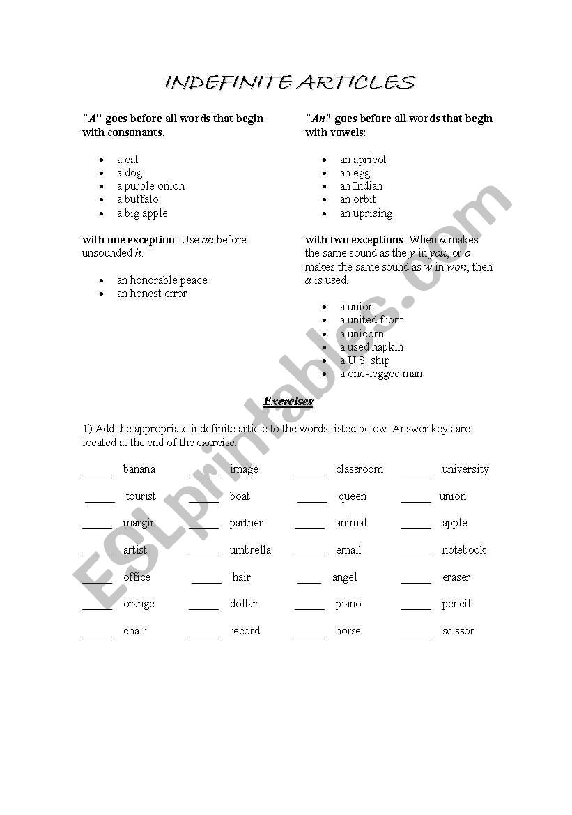 Articles A or AN worksheet