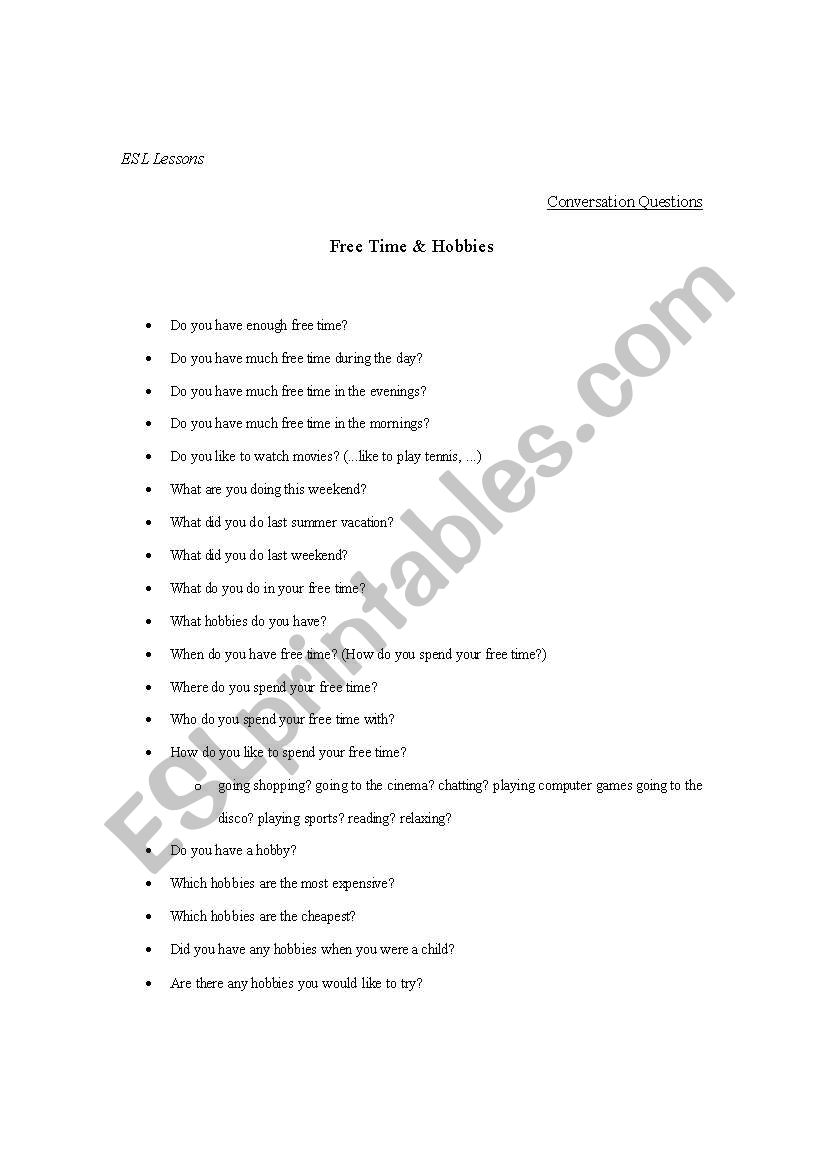 Free Time & Hobbies worksheet