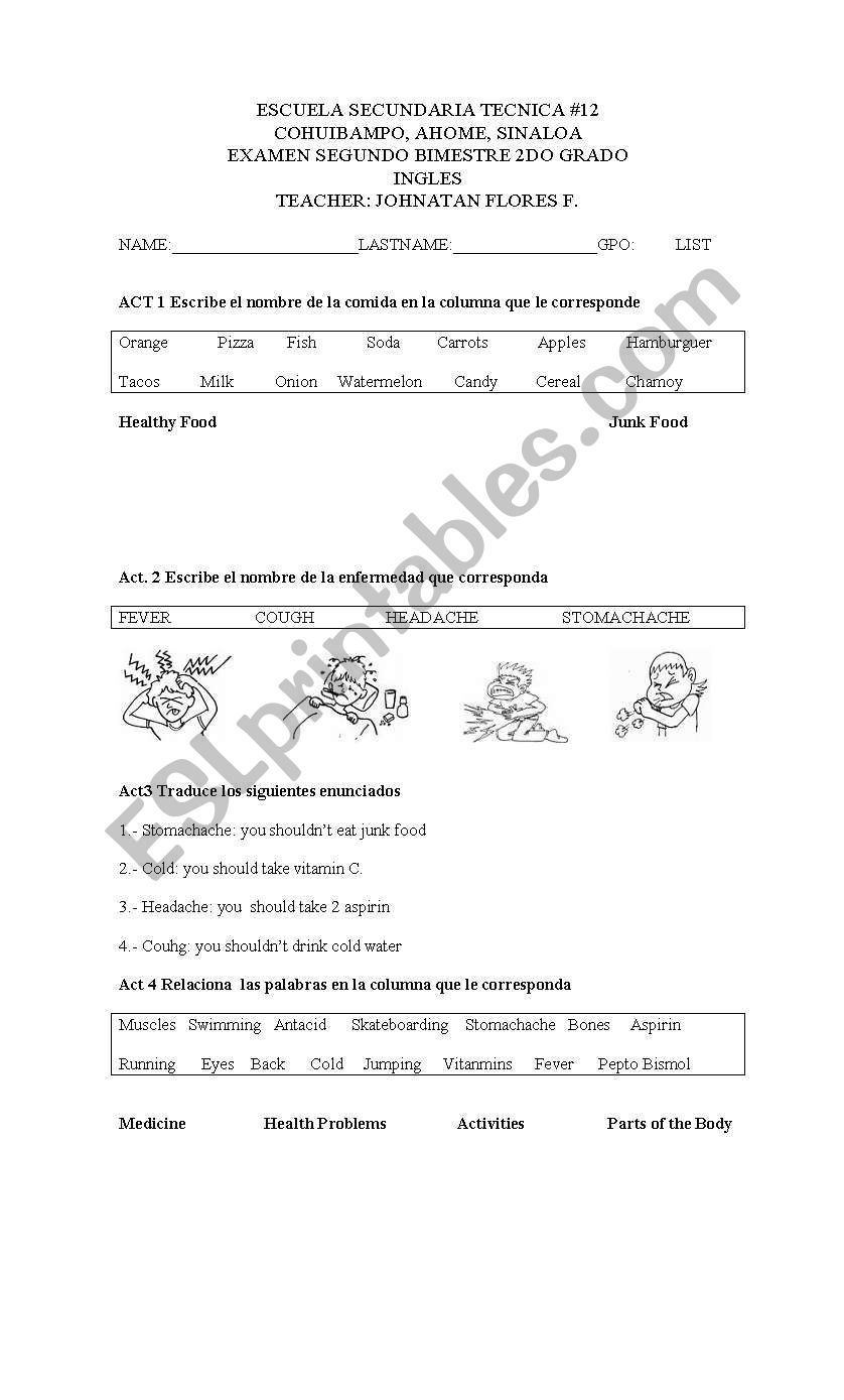 Secondary Test worksheet