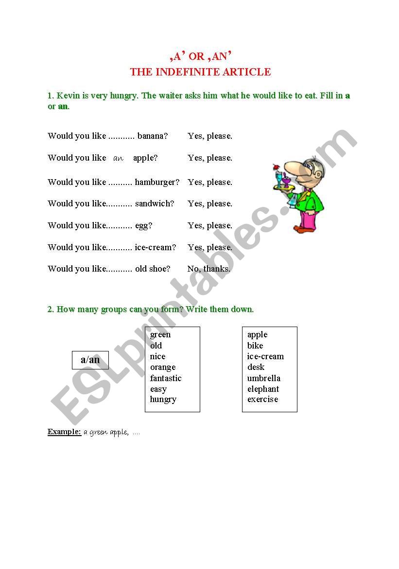 The indefinete Article worksheet