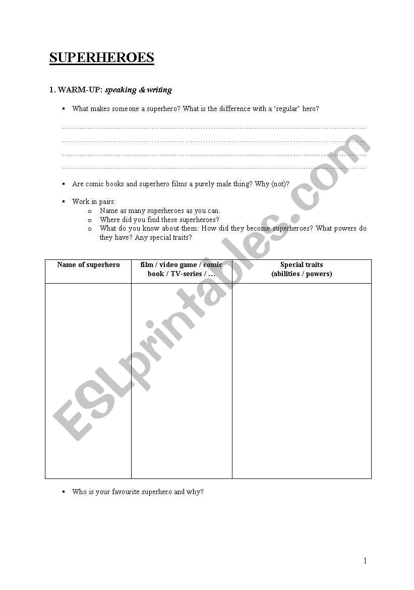 Superheroes worksheet