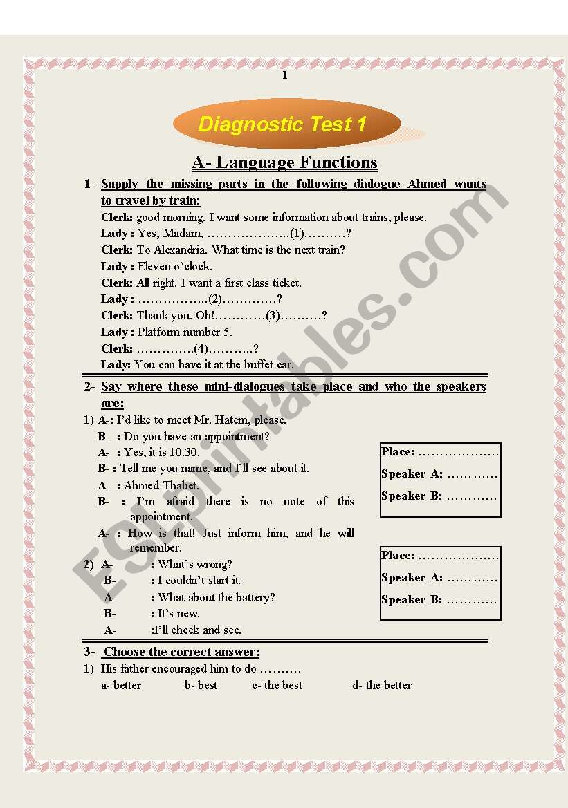 Advance Diagnostic Test worksheet