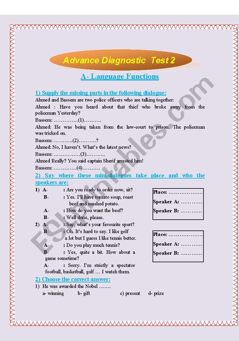 Advance Diagnostic Test2 worksheet