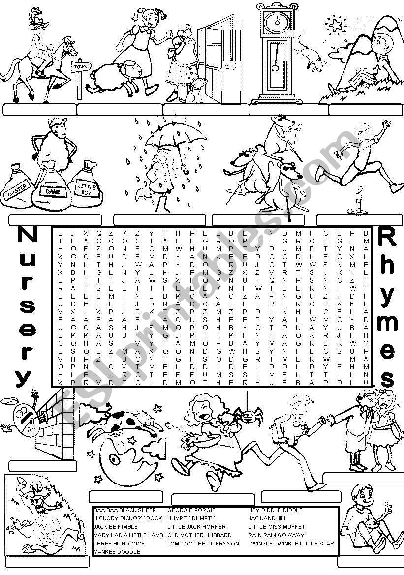 Wordsearch NURSERY RHYMES ESL Worksheet By Im Lety