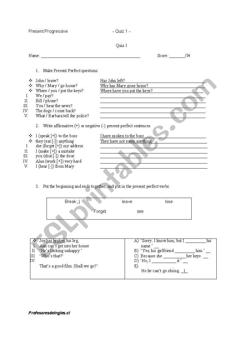 Present Progressive QUIZ worksheet