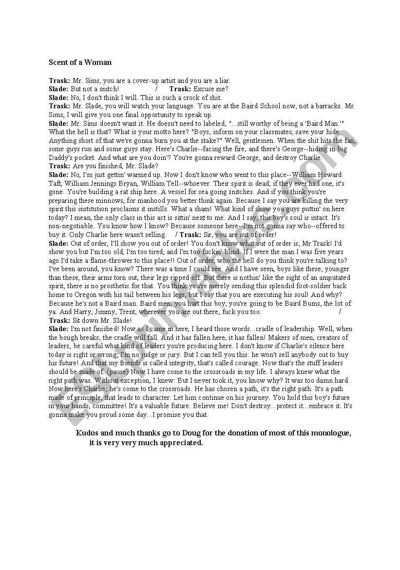 Monologue speech material worksheet