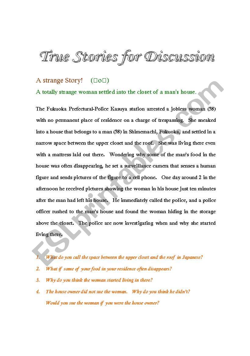 True Stories For Discussion worksheet