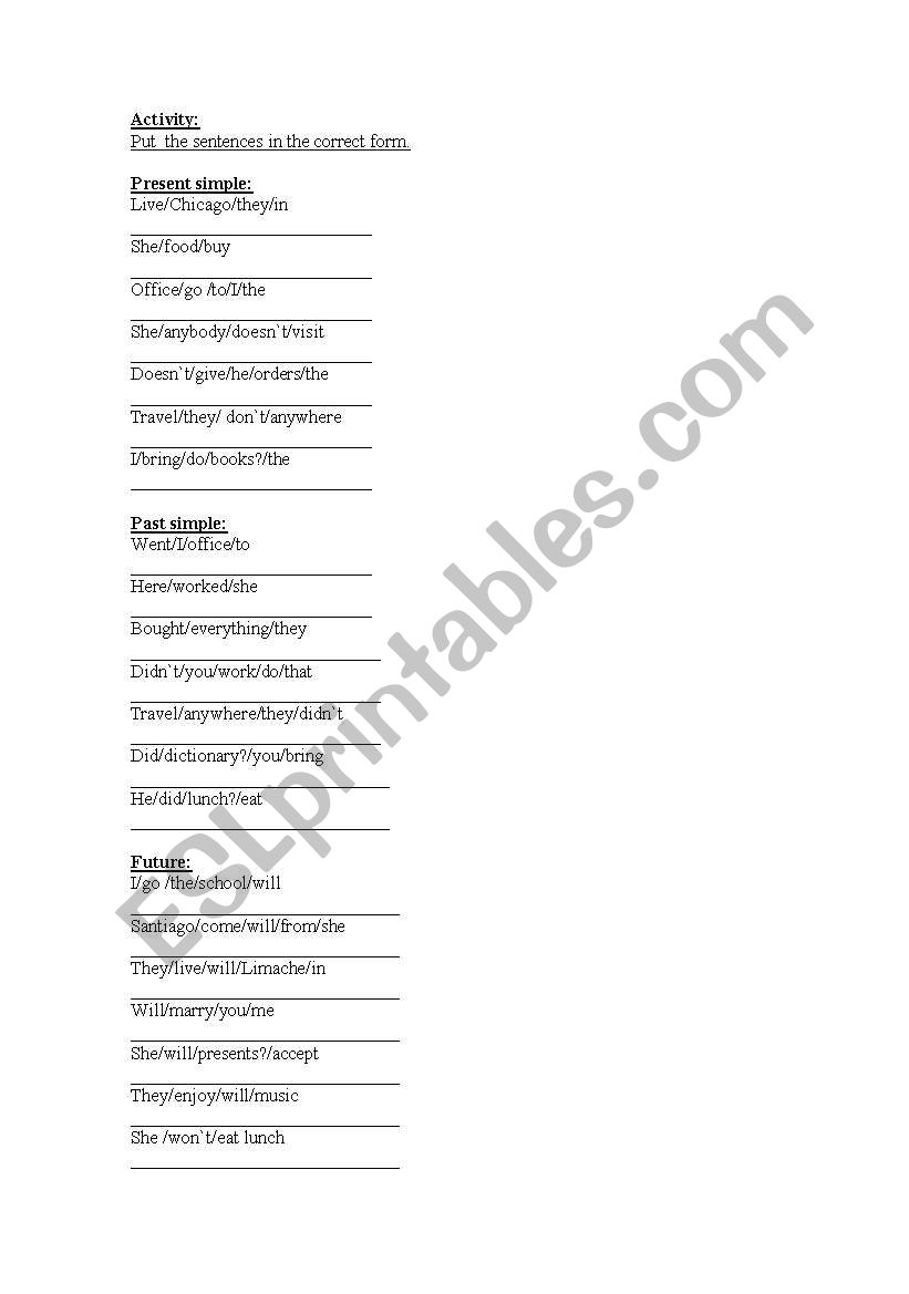 Order of sentences worksheet