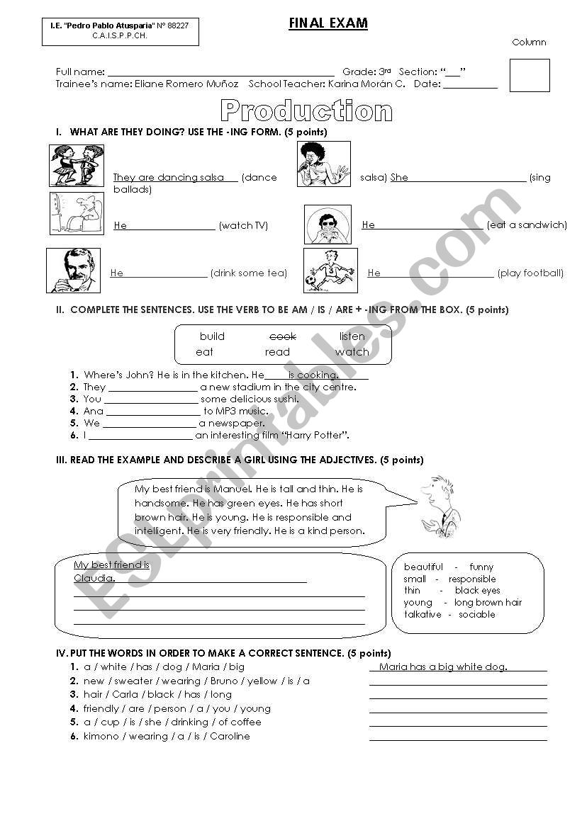 production exam worksheet