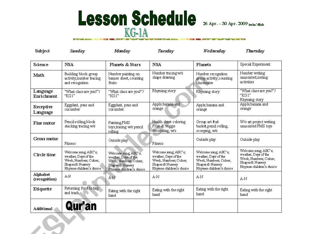 Lesson schedule