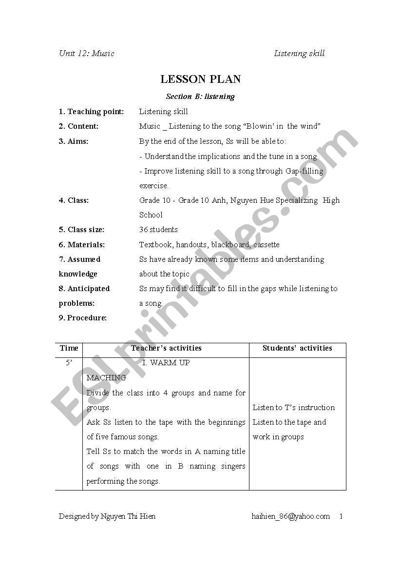 Lesson plan for listening period Unit 14  English 10 ( advanced)
