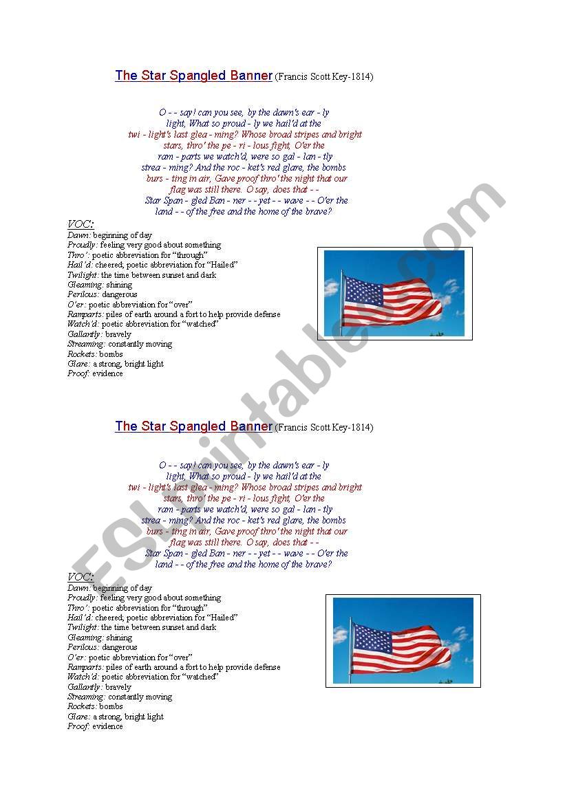 English worksheets USA national anthem