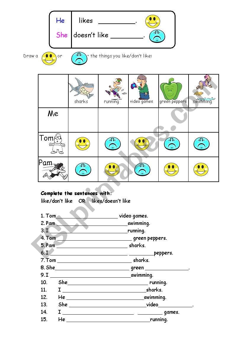 Задания me. Worksheet на тему likes doesn't like.. Likes doesn't like Worksheets for Kids 2 класс. He likes he doesn't like Worksheets for Kids. Like don't like игры.