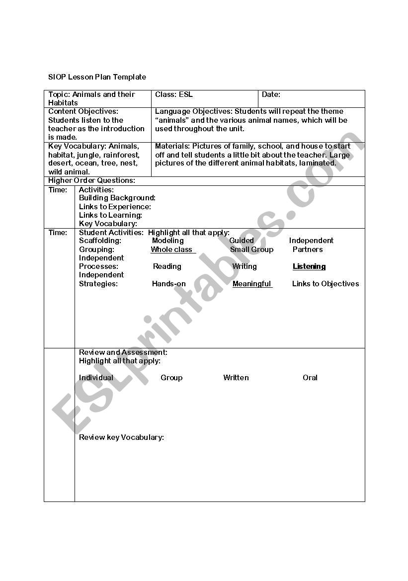 siop worksheet