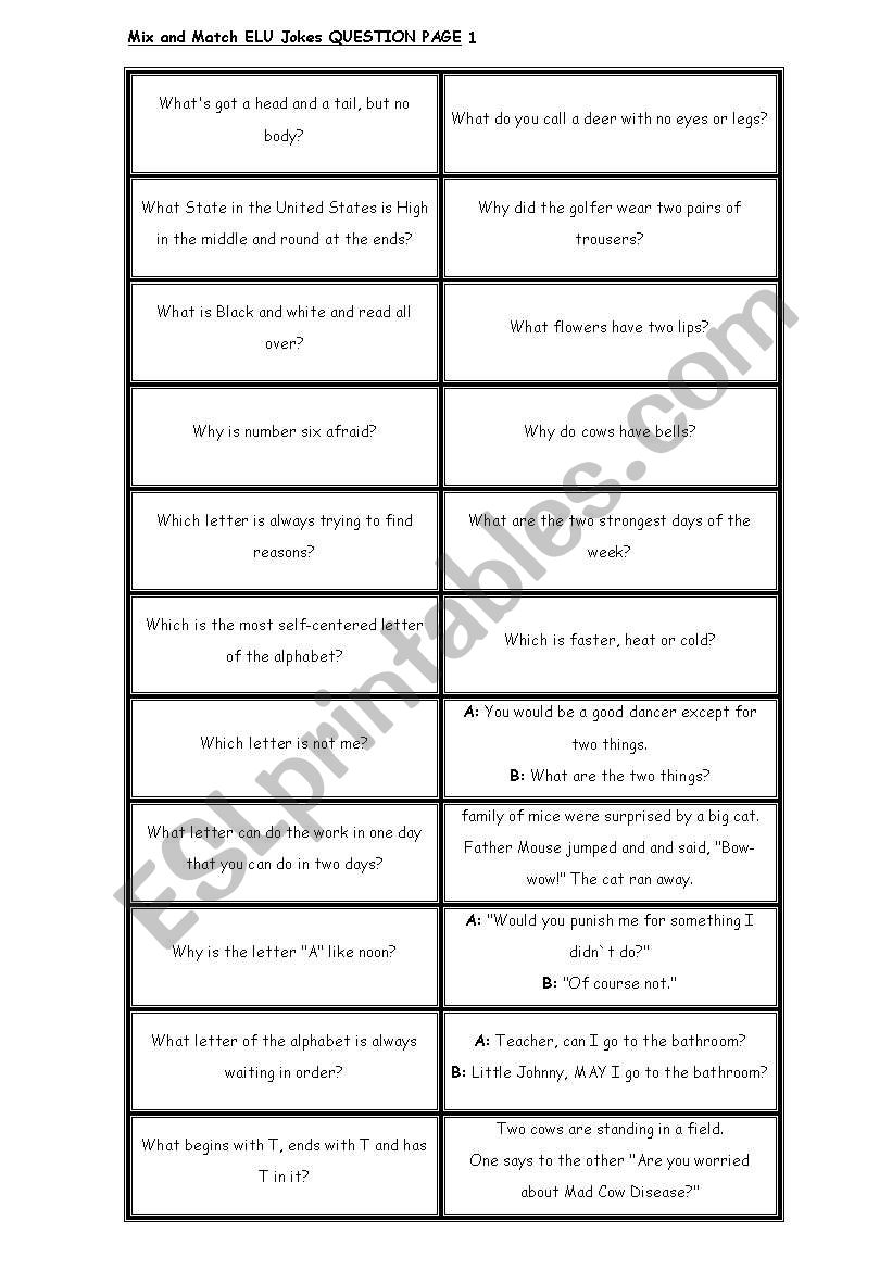 ELU Jokes - Play on words - Question Sheet 