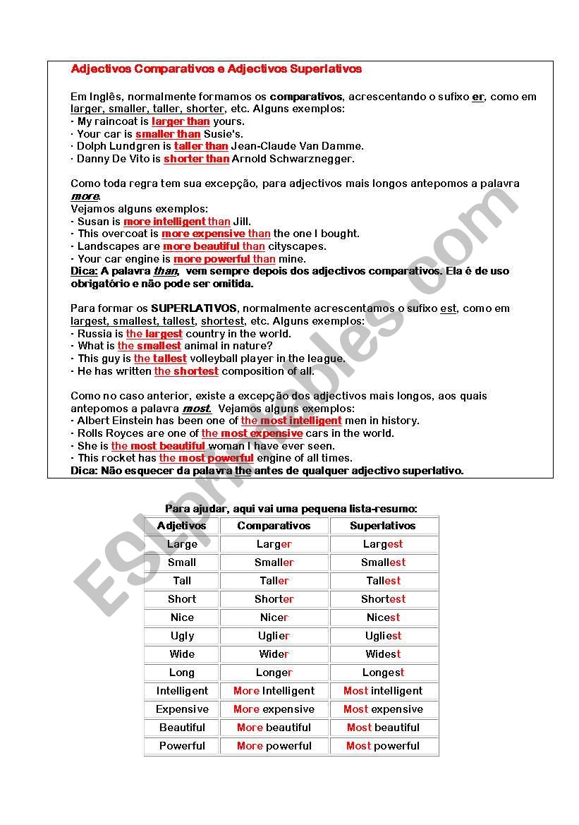 Comparatives adjectives in PT worksheet