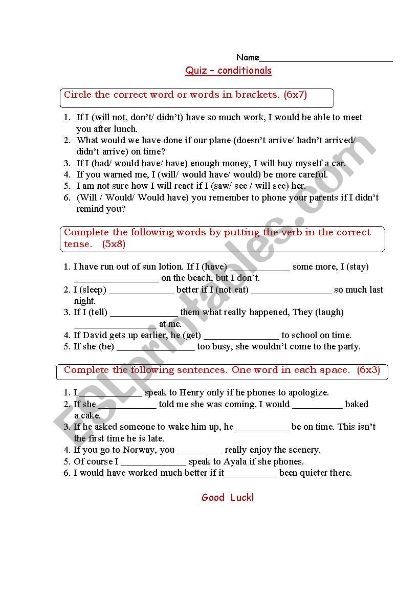 Conditionals - Quiz worksheet