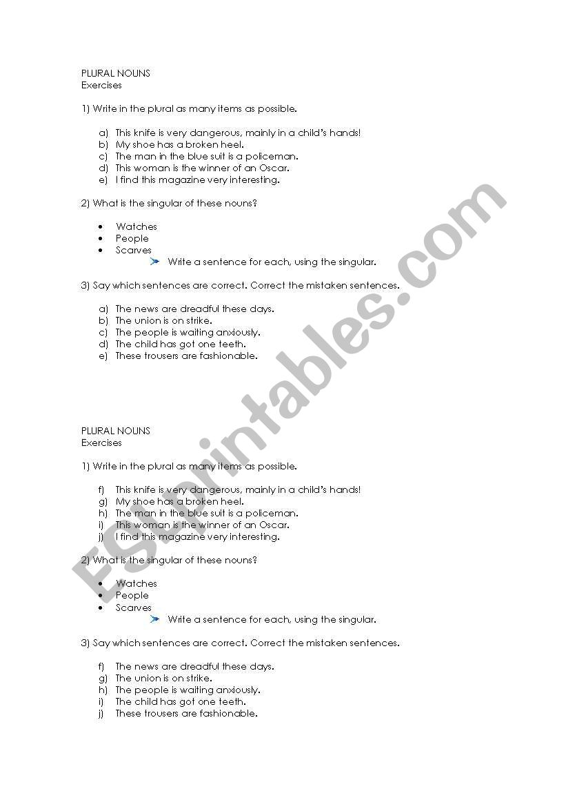 Plural forms worksheet